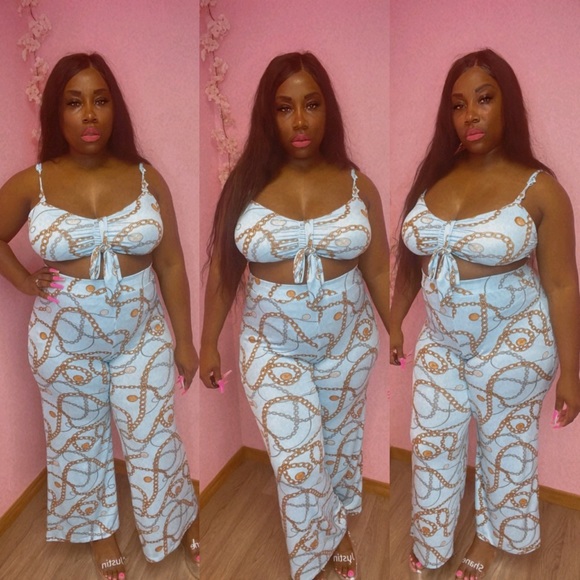 Almost Famous Pants - ⚜️ Plus Size Chain Print Crop Top and Wide Leg Pant Set - 2 Colors ⚜️